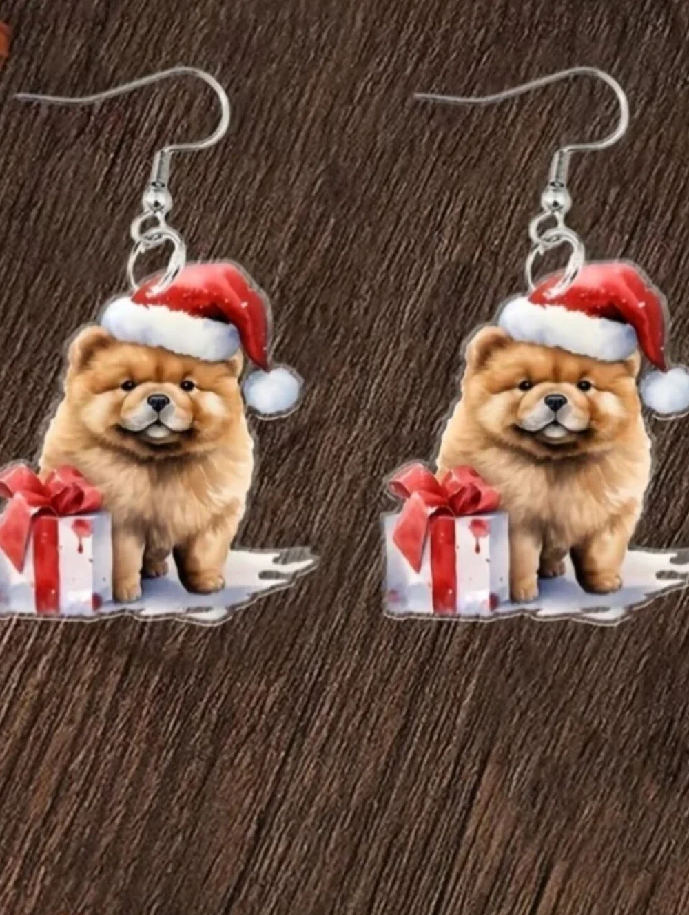 Hand Crafted Festive Red Santa Hat Chow Chow Dog Dangle Earrings
